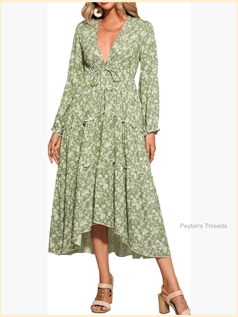 Boho Long Sleeve V Neck Drawstring Tie Loose Flowy Midi Dress With Pockets